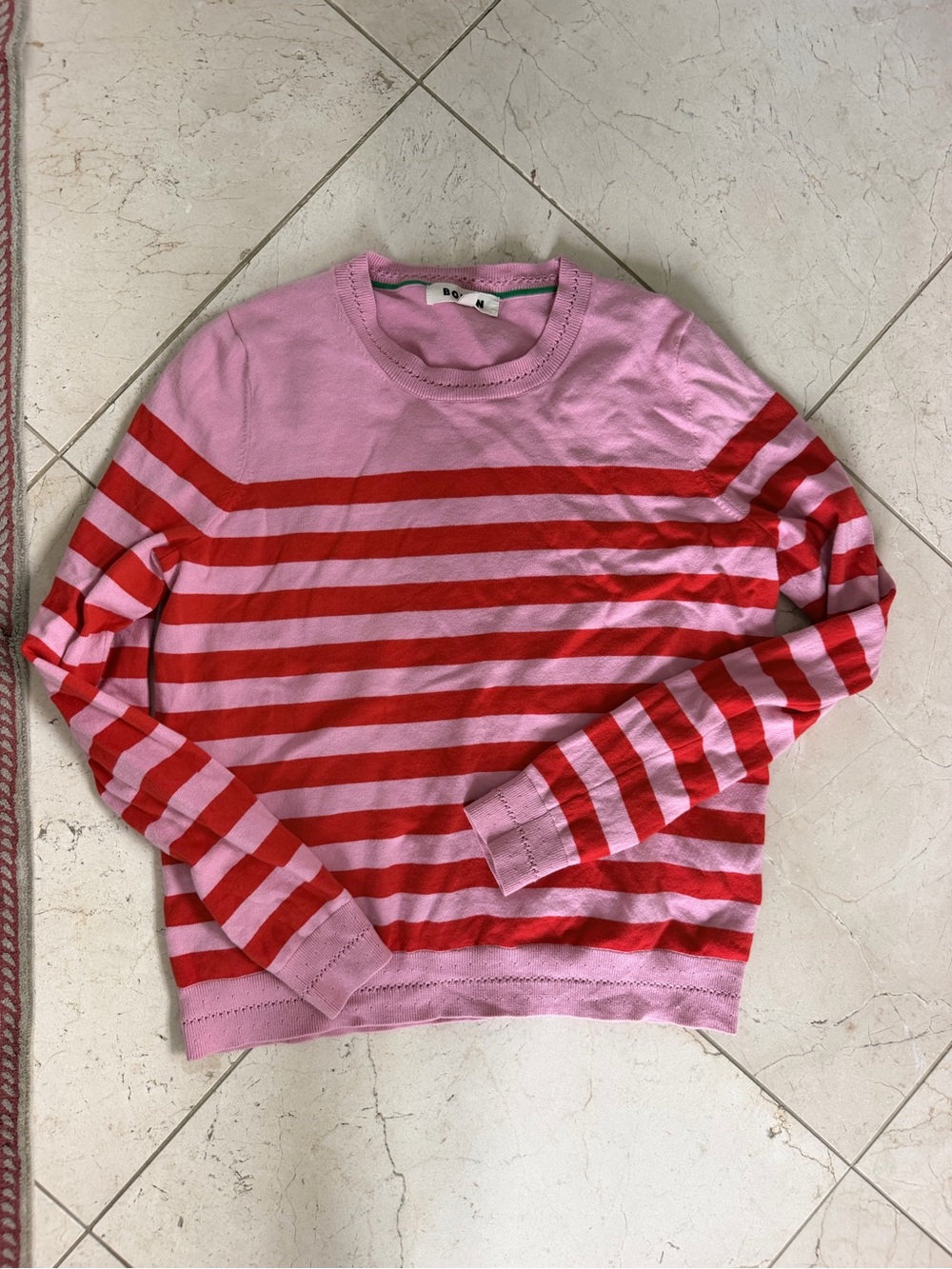 Boden women’s Pink and Red Striped Crewneck Sweater